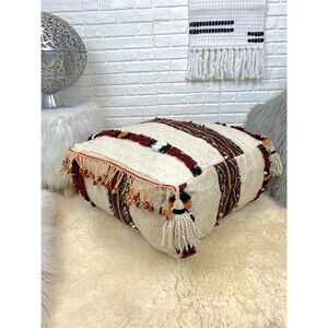 Handmade Moroccan Berber Kilim Pouf: Tassel Floor Pillow 03YS00143